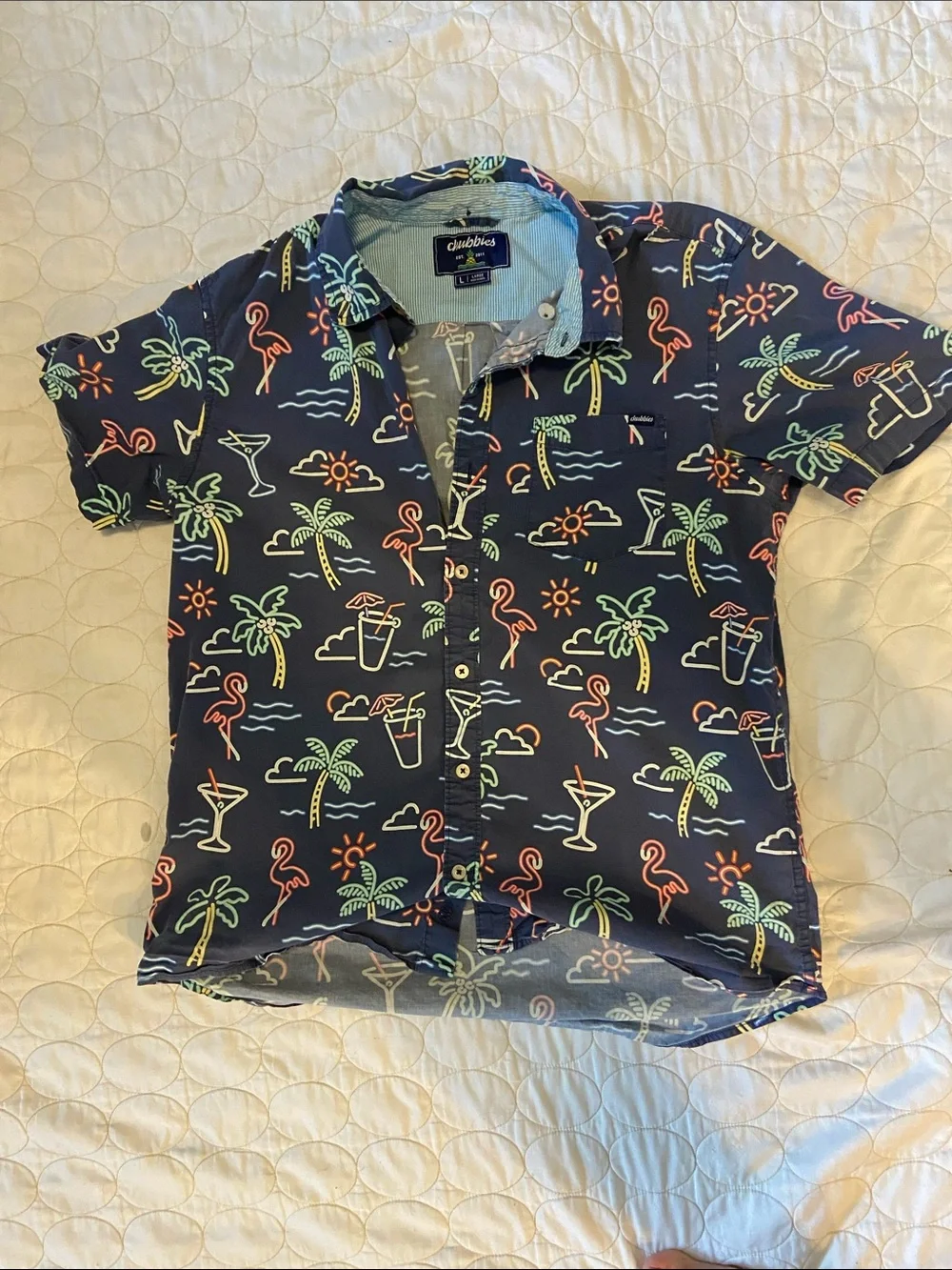 chubbies Navy Short-Sleeve Button-Down with Neon Palm & Flamingo Print